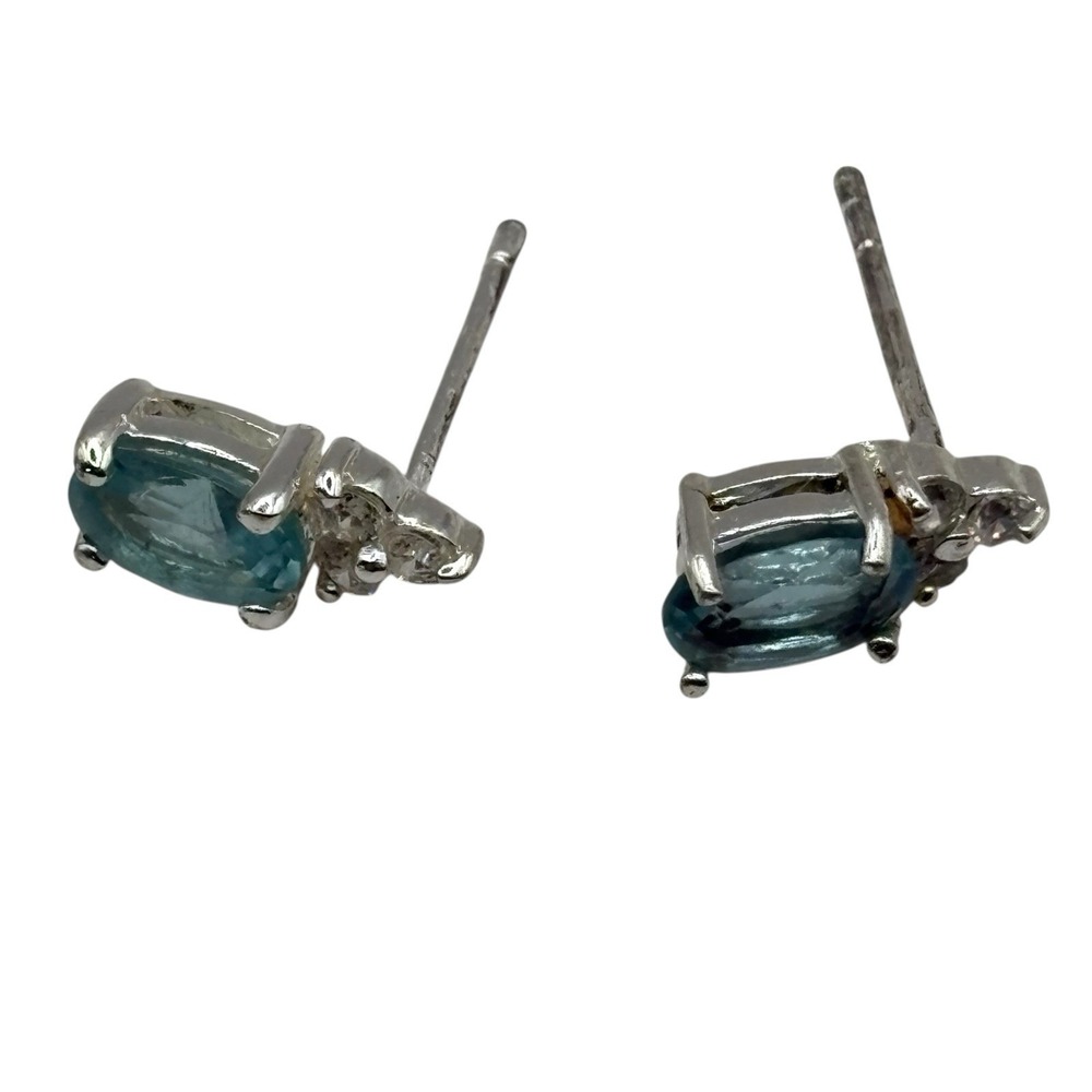 Stimulated Aquamarine Stud‎ Earrings Sterling Sliver 925 CZ Accents Post by FAS - Picture 11 of 14